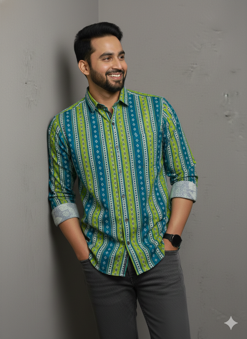 Green Ethnic Stripe Casual ShirtGreen Ethnic Stripe Casual Shirt